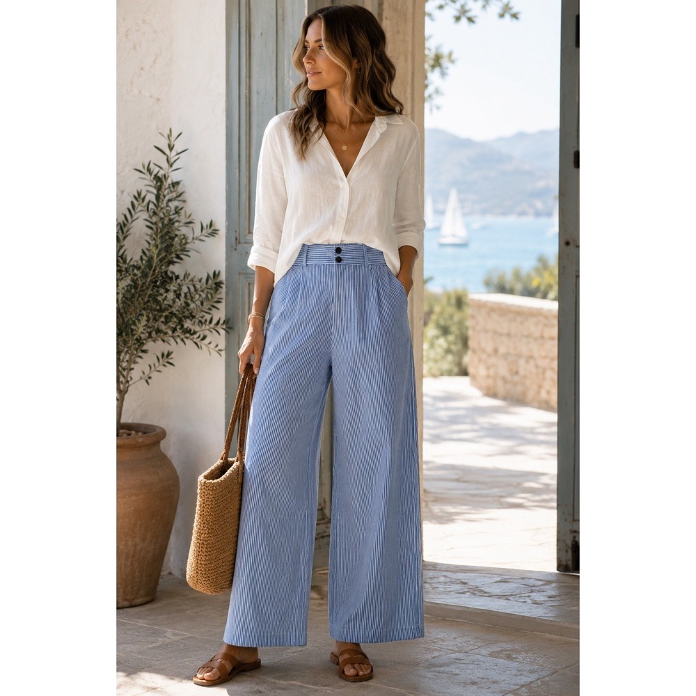 Frye Blue White Striped Wide Leg Crop Pants Women's L Coastal Large